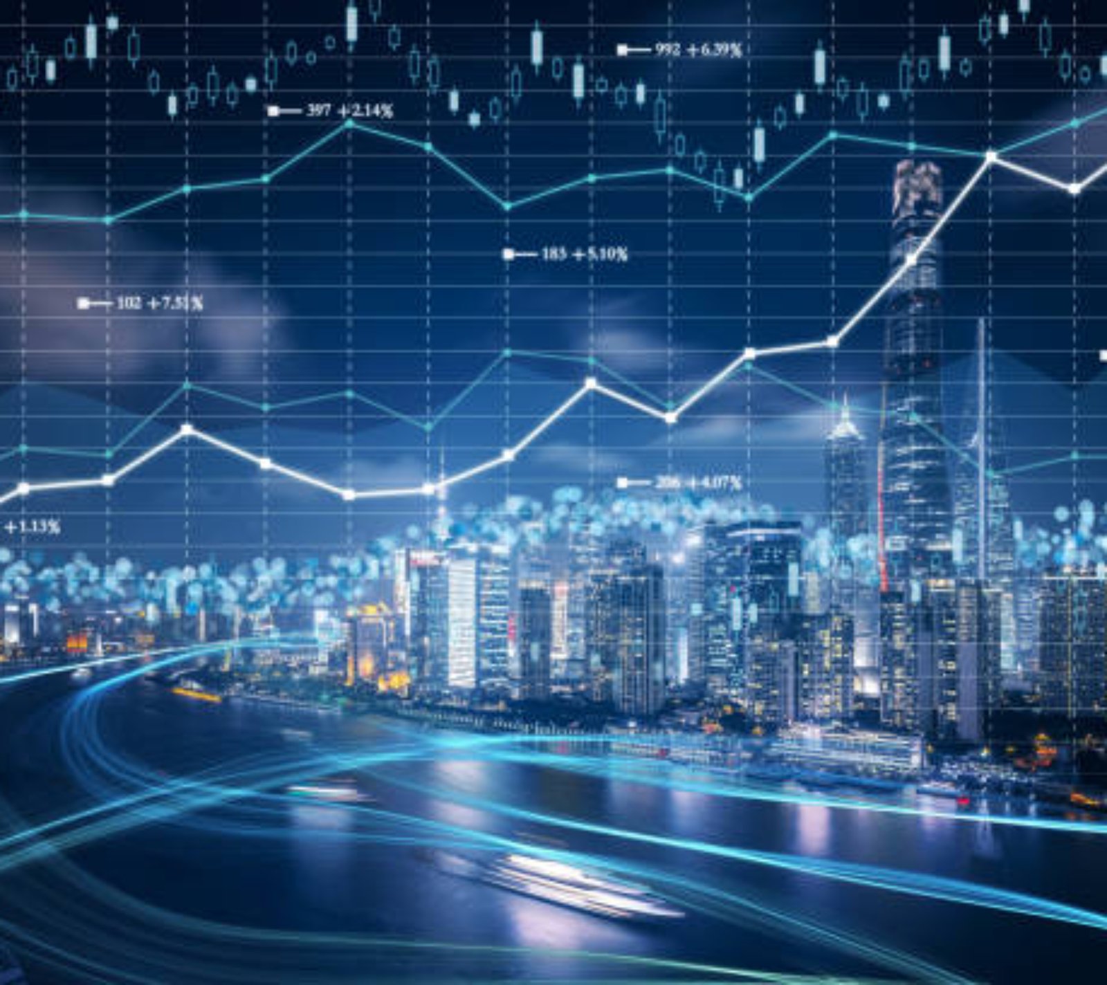 Cityscape with investment theme background and stock market chart