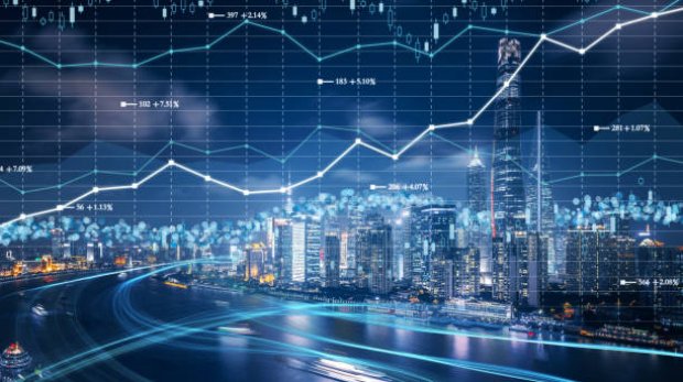 Cityscape with investment theme background and stock market chart