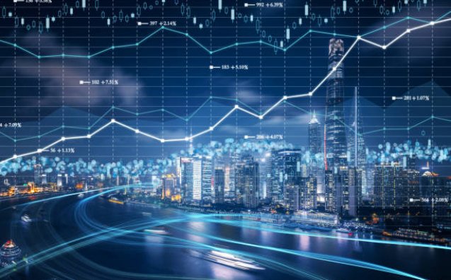 Cityscape with investment theme background and stock market chart