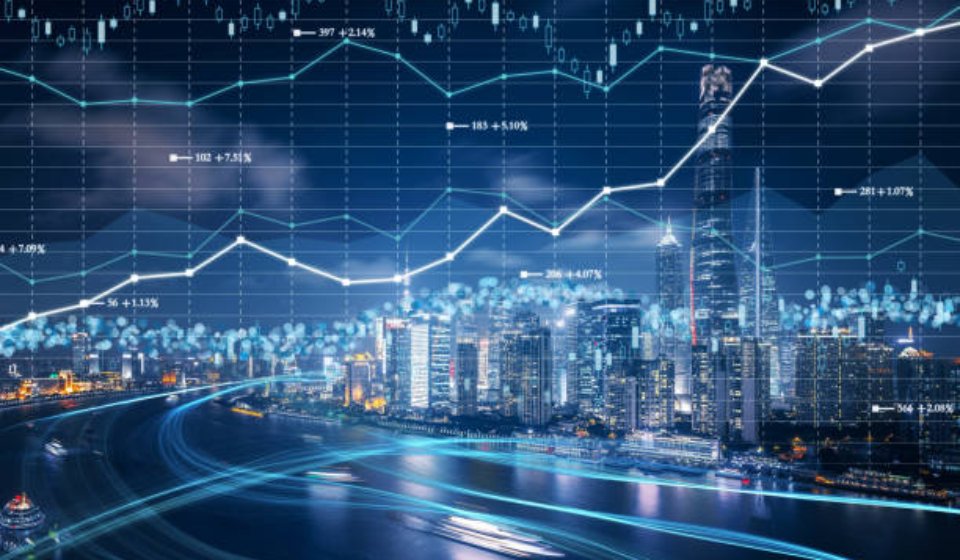 Cityscape with investment theme background and stock market chart