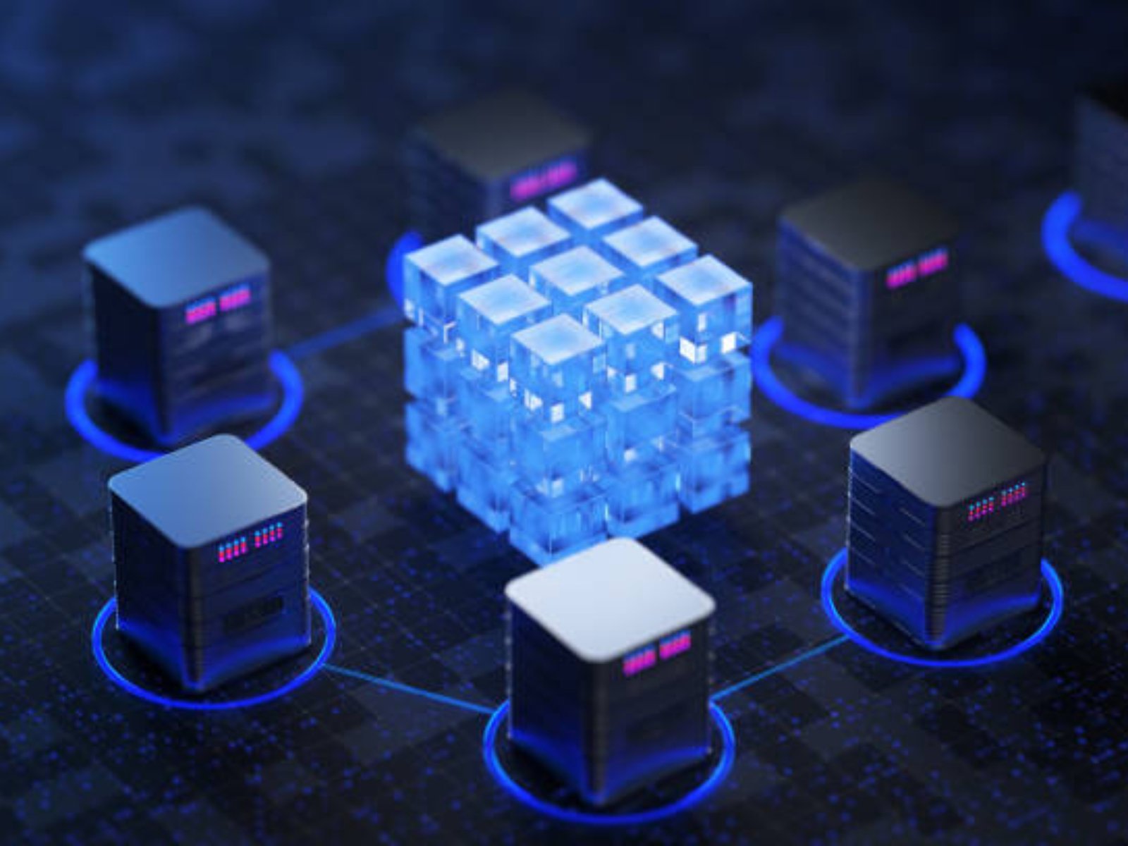 Big data center concept, cloud database, server power station of the future. Data transfer technology. Synchronization of personal information. Cube or box Block chain of abstract financial data. 3d render..