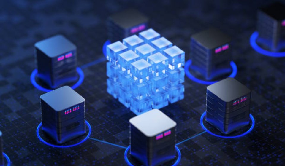 Big data center concept, cloud database, server power station of the future. Data transfer technology. Synchronization of personal information. Cube or box Block chain of abstract financial data. 3d render..